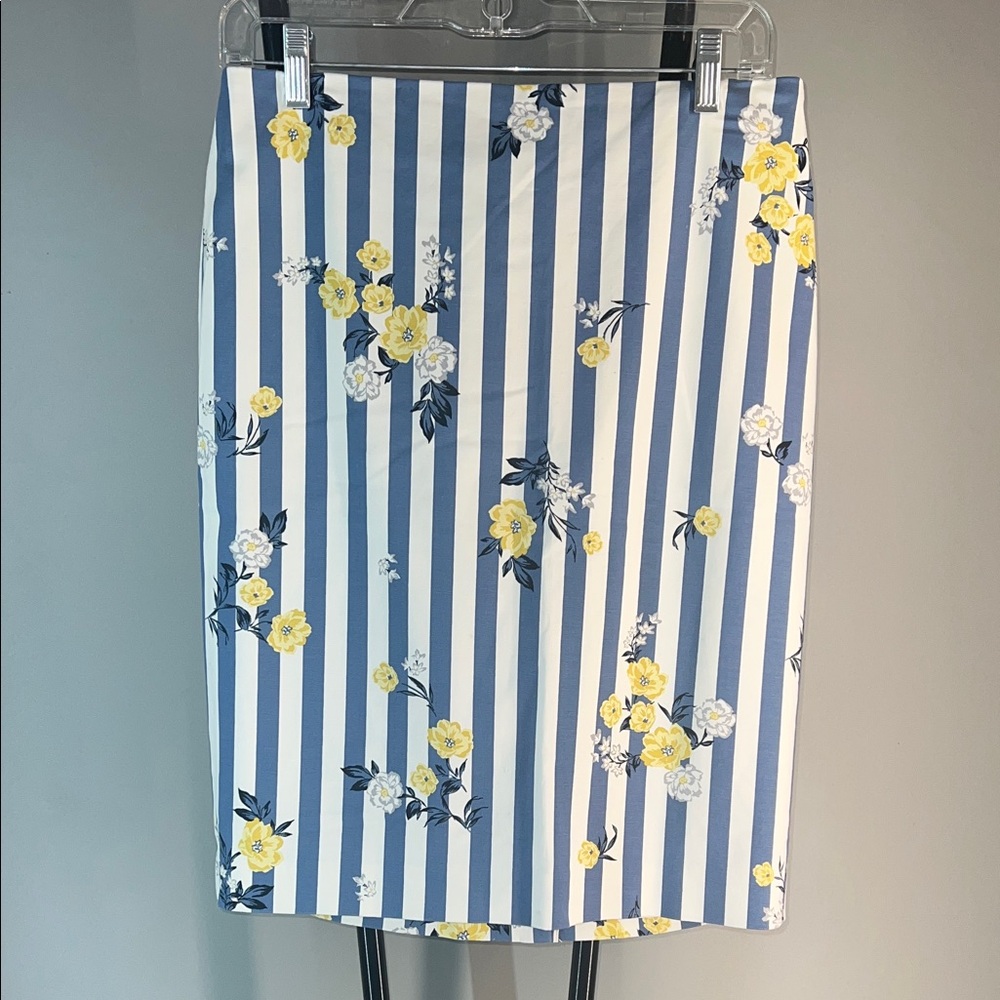 Ann Taylor Factory Blue and White Striped Pencil Skirt with Yellow Floral Print